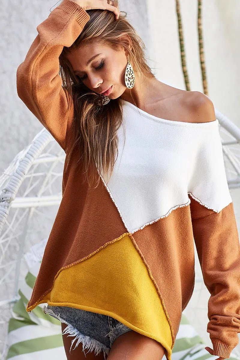 BiBi Color Block Geometric Sweater - Bitsy Gypsy Boutique