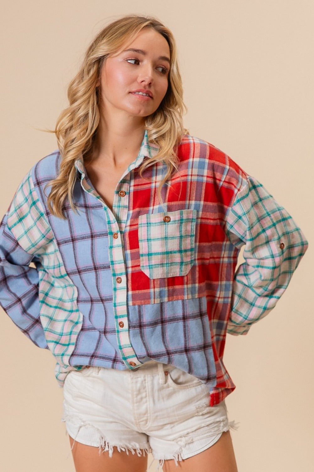 BiBi Color Block Plaid Button Down Shirt - Bitsy Gypsy Boutique