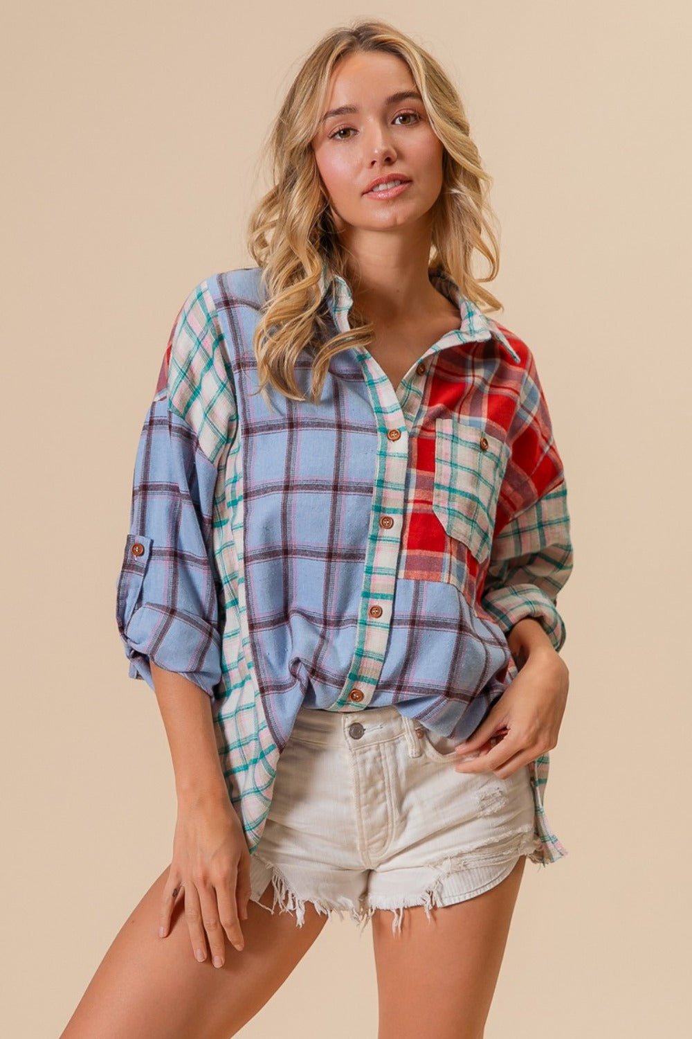 BiBi Color Block Plaid Button Down Shirt - Bitsy Gypsy Boutique