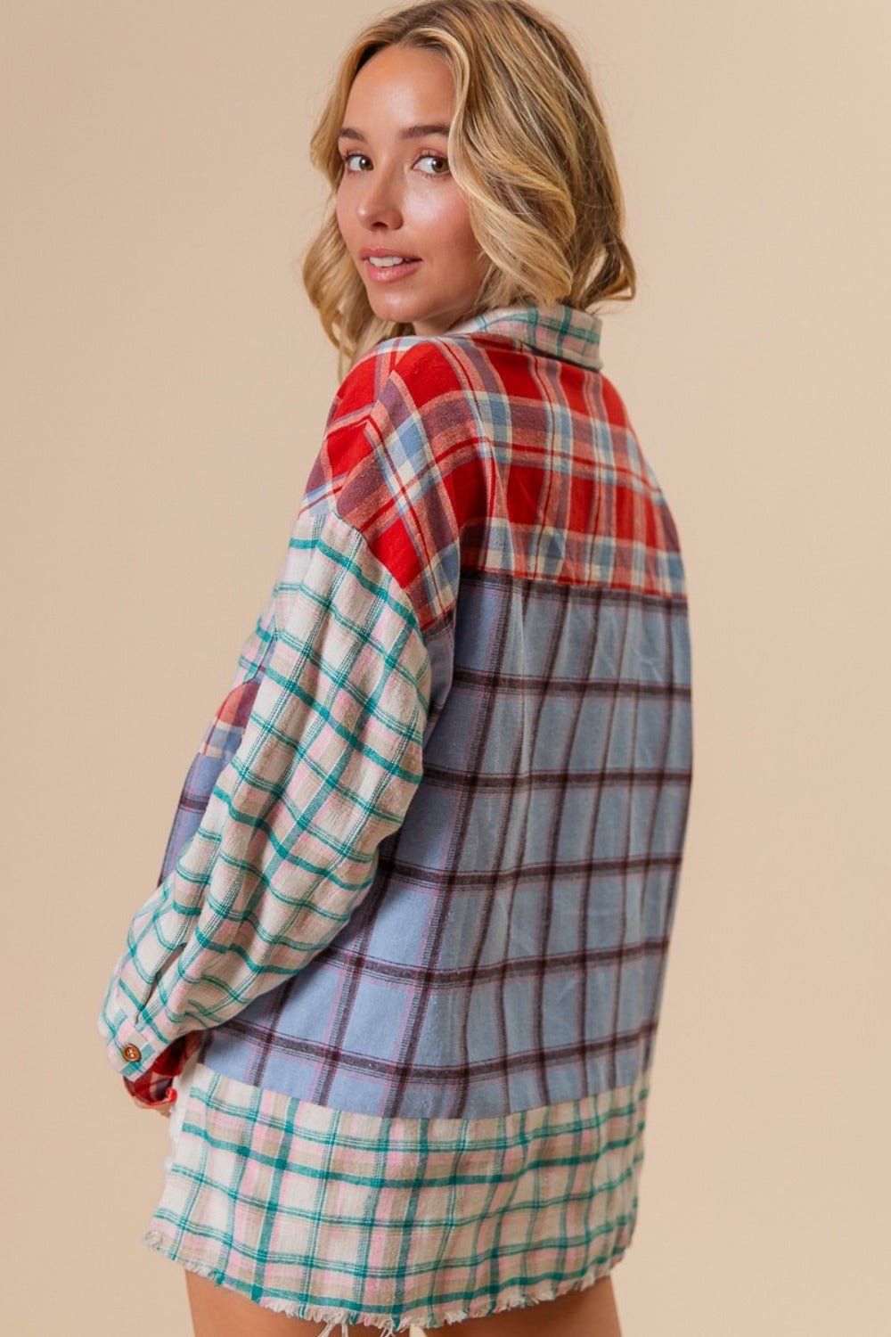 BiBi Color Block Plaid Button Down Shirt - Bitsy Gypsy Boutique