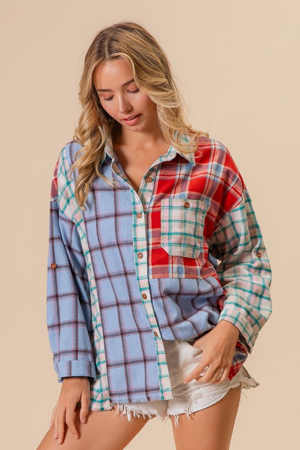 BiBi Color Block Plaid Button Down Shirt - Bitsy Gypsy Boutique