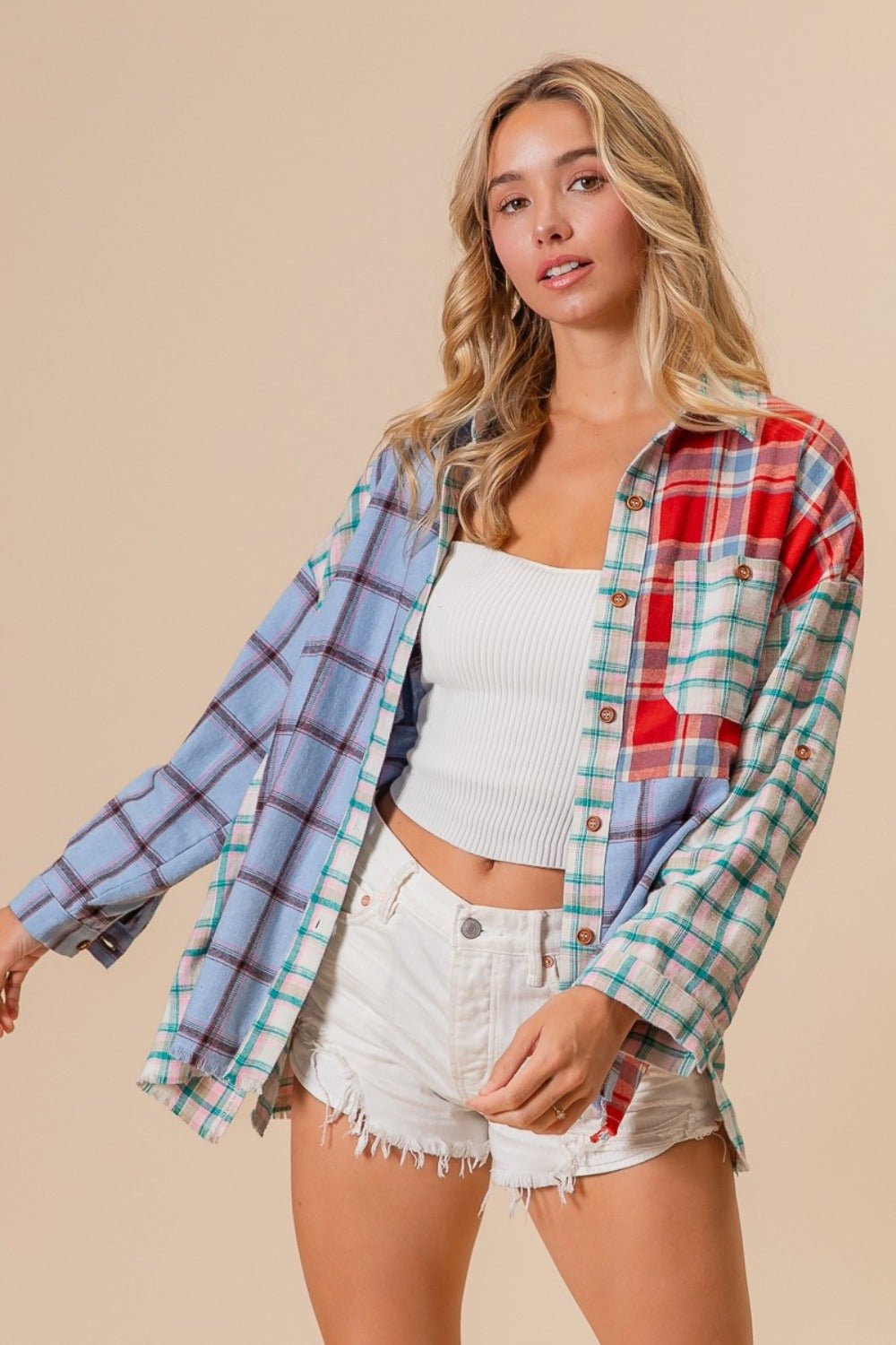 BiBi Color Block Plaid Button Down Shirt - Bitsy Gypsy Boutique