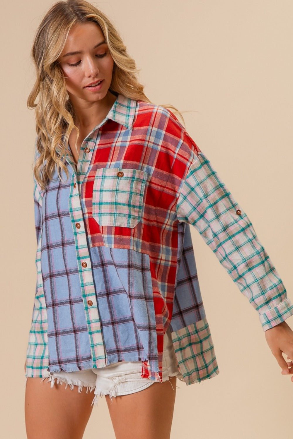 BiBi Color Block Plaid Button Down Shirt - Bitsy Gypsy Boutique