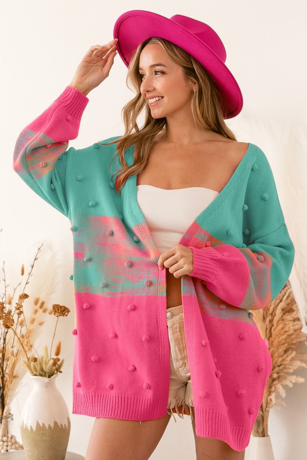 BiBi Color Block Ponpon Sweater Cardigan - Bitsy Gypsy Boutique