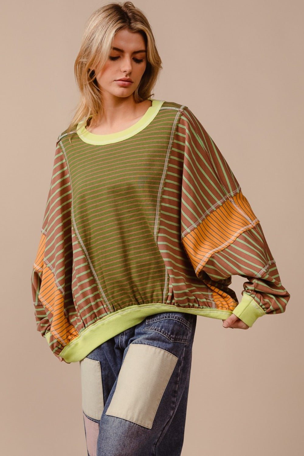 BiBi Color Block Striped Round Neck Sweatshirt - Bitsy Gypsy Boutique