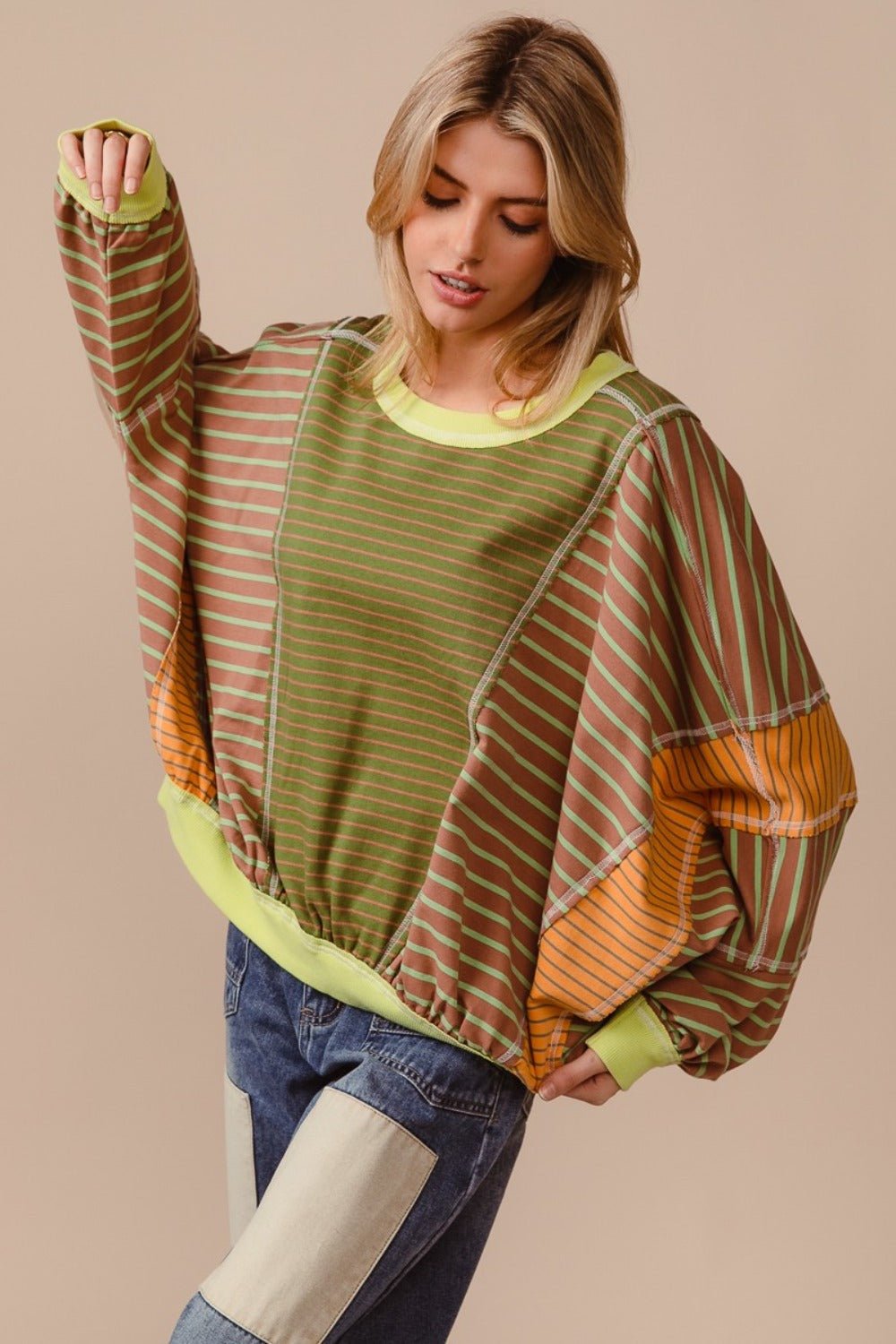 BiBi Color Block Striped Round Neck Sweatshirt - Bitsy Gypsy Boutique