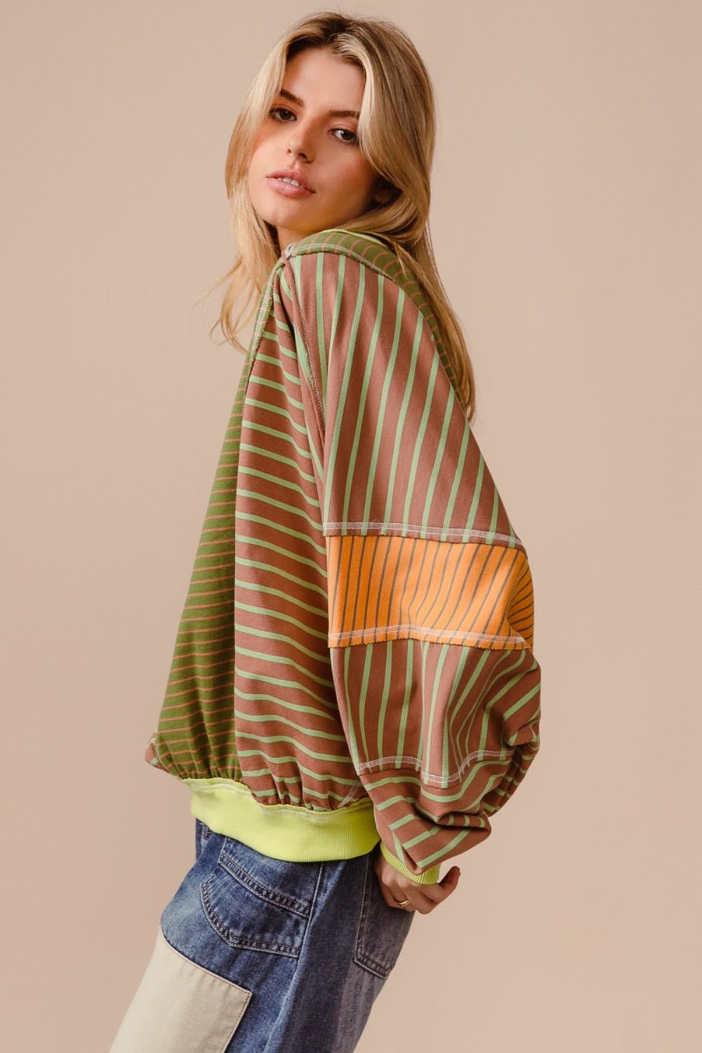 BiBi Color Block Striped Round Neck Sweatshirt - Bitsy Gypsy Boutique