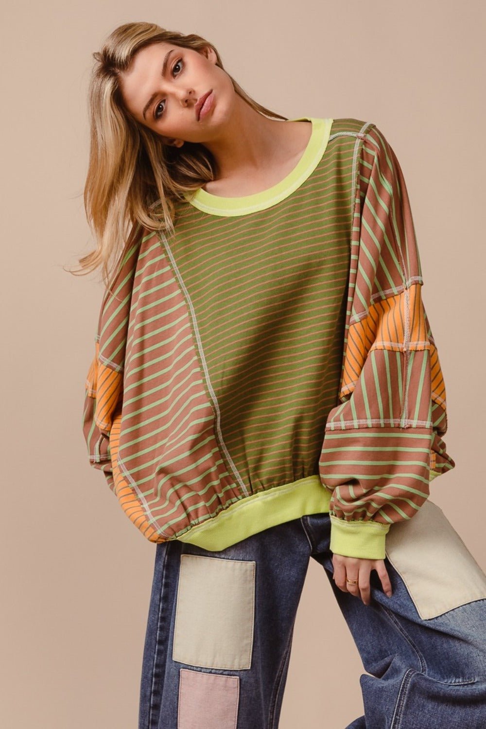 BiBi Color Block Striped Round Neck Sweatshirt - Bitsy Gypsy Boutique