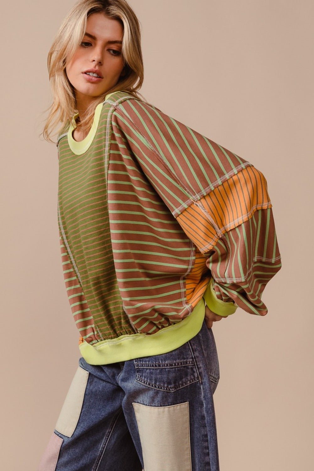 BiBi Color Block Striped Round Neck Sweatshirt - Bitsy Gypsy Boutique