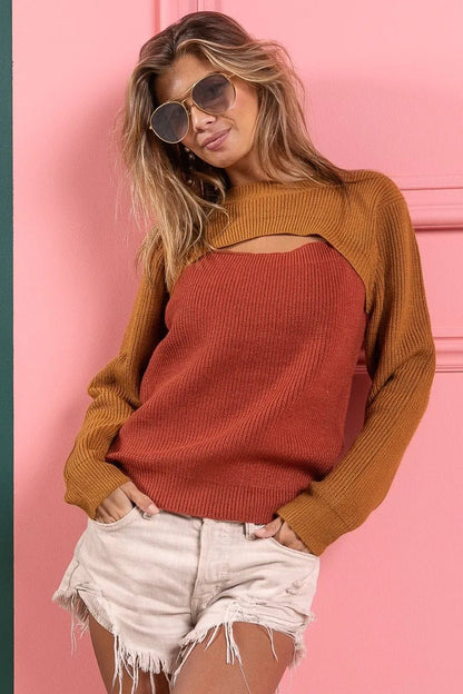 BiBi Color Block Sweater Knit Top With Cut Out Neck - Bitsy Gypsy Boutique