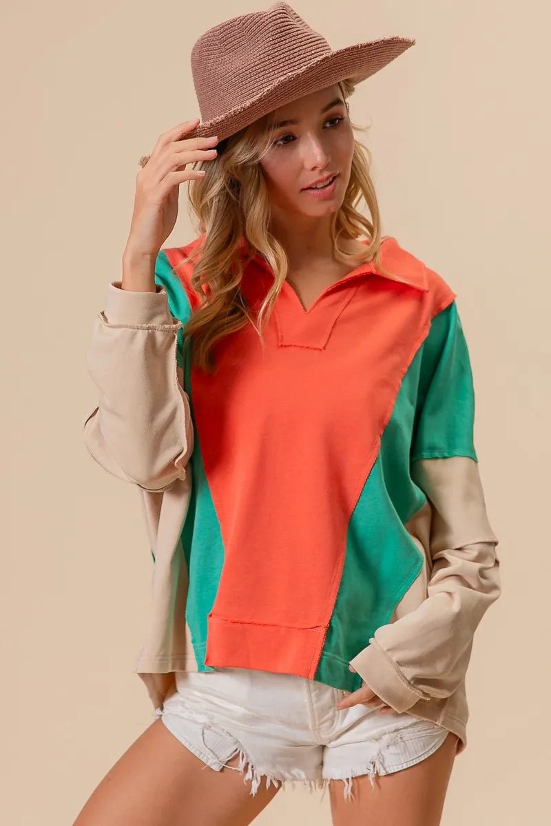 BiBi Colorblock Exposed Seam French Terry Sweatshirt - Bitsy Gypsy Boutique