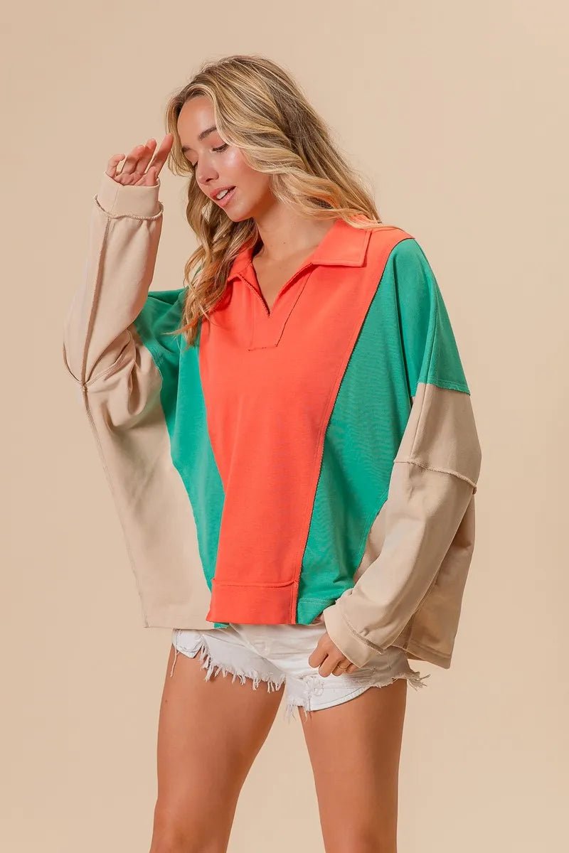 BiBi Colorblock Exposed Seam French Terry Sweatshirt - Bitsy Gypsy Boutique