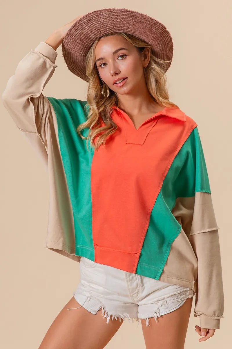 BiBi Colorblock Exposed Seam French Terry Sweatshirt - Bitsy Gypsy Boutique