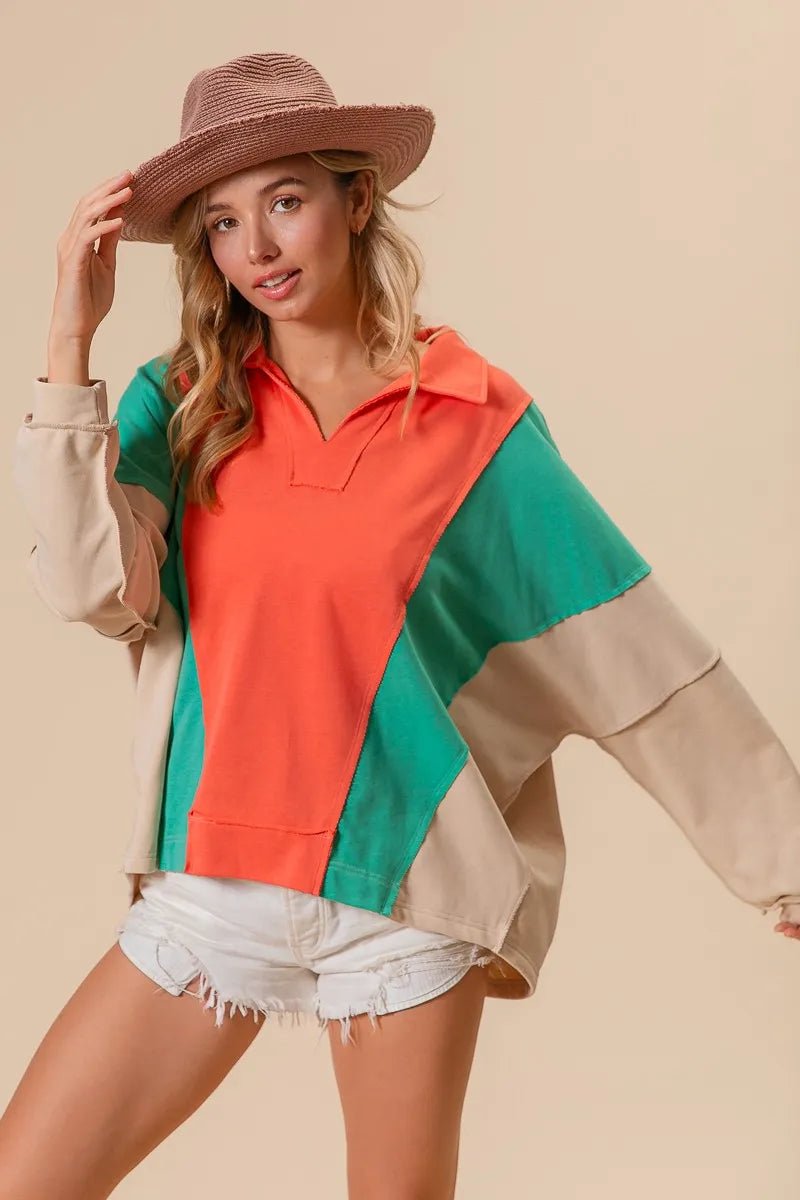BiBi Colorblock Exposed Seam French Terry Sweatshirt - Bitsy Gypsy Boutique