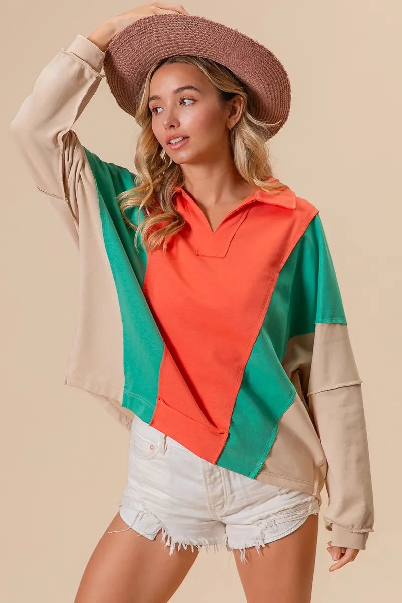 BiBi Colorblock Exposed Seam French Terry Sweatshirt - Bitsy Gypsy Boutique