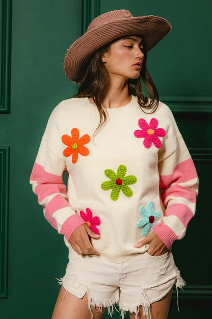 BiBi Colorful Floral Patched Sweater with Striped Sleeve - Bitsy Gypsy Boutique