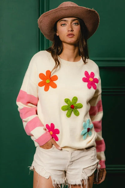 BiBi Colorful Floral Patched Sweater with Striped Sleeve - Bitsy Gypsy Boutique