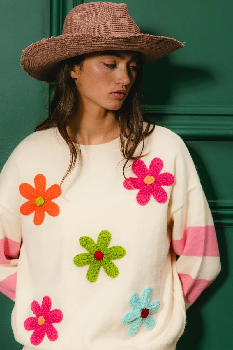 BiBi Colorful Floral Patched Sweater with Striped Sleeve - Bitsy Gypsy Boutique