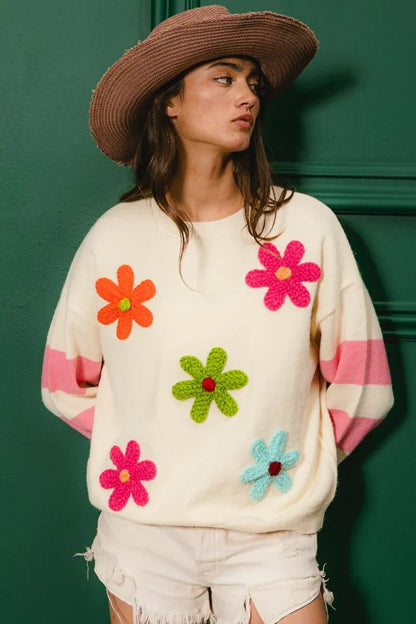 BiBi Colorful Floral Patched Sweater with Striped Sleeve - Bitsy Gypsy Boutique