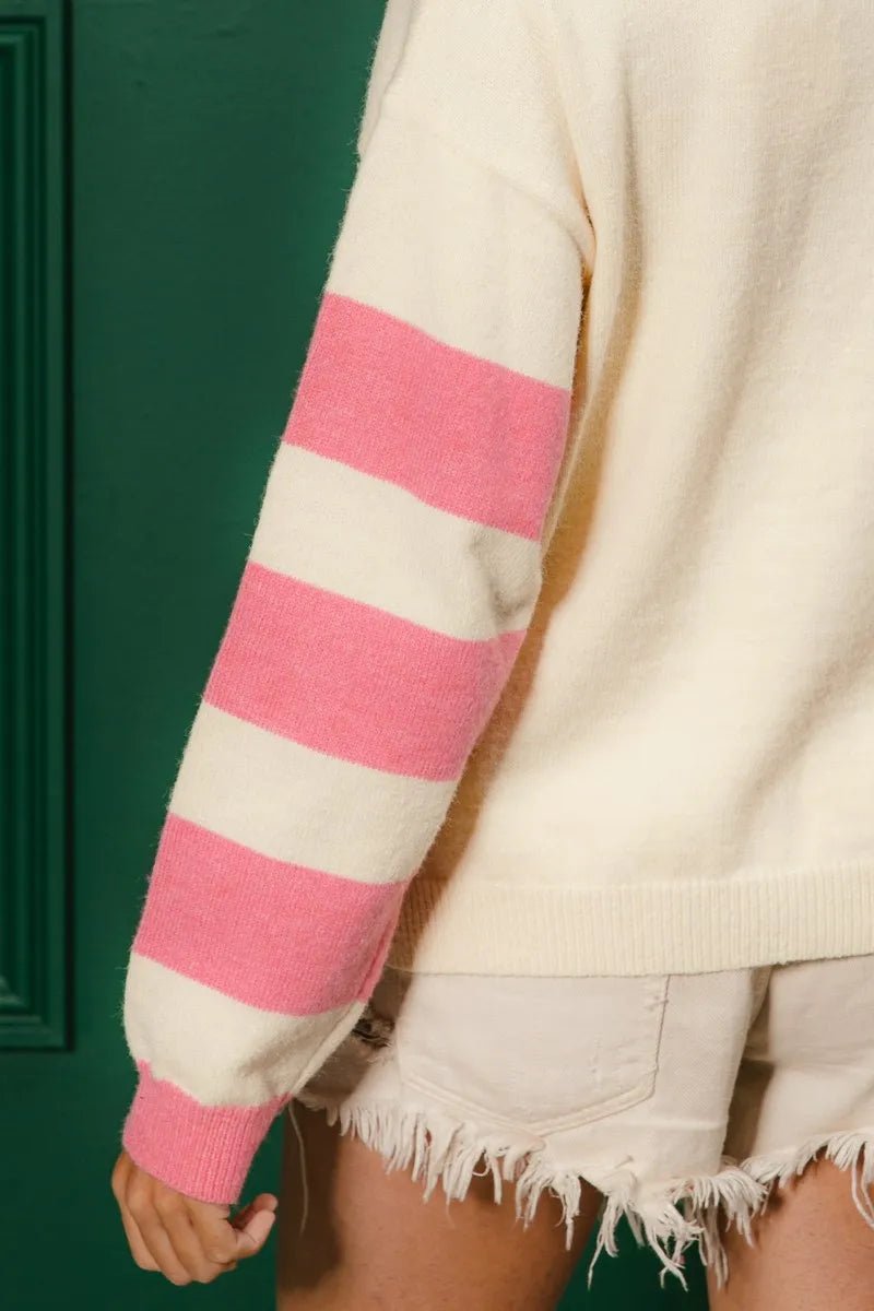 BiBi Colorful Floral Patched Sweater with Striped Sleeve - Bitsy Gypsy Boutique