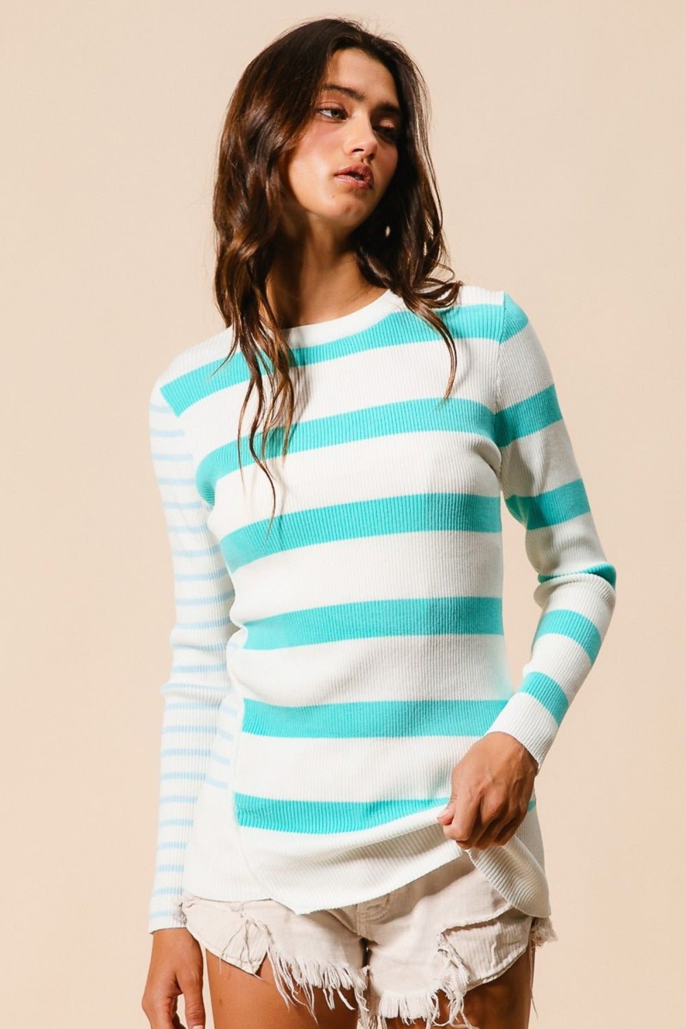 BiBi Contrast Striped Asymmetrical Hem Knit Top - Bitsy Gypsy Boutique