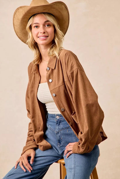 BiBi Corduroy Relaxed Fit Shacket with Back Pleat - Bitsy Gypsy Boutique
