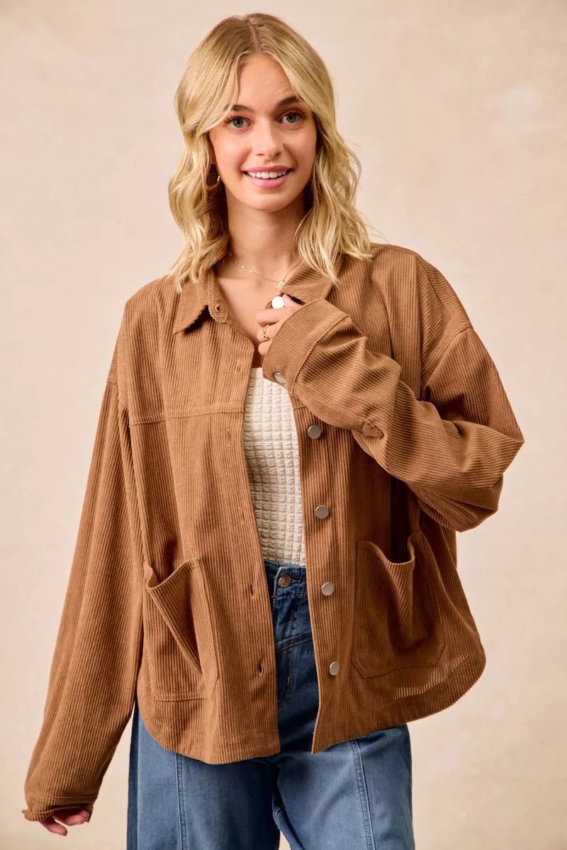 BiBi Corduroy Relaxed Fit Shacket with Back Pleat - Bitsy Gypsy Boutique