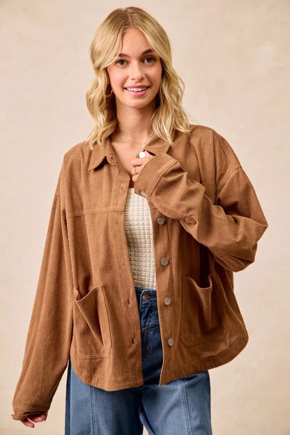 BiBi Corduroy Relaxed Fit Shacket with Back Pleat - Bitsy Gypsy Boutique