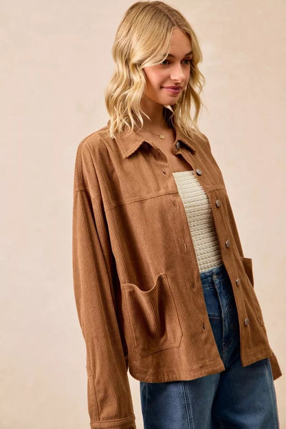 BiBi Corduroy Relaxed Fit Shacket with Back Pleat - Bitsy Gypsy Boutique