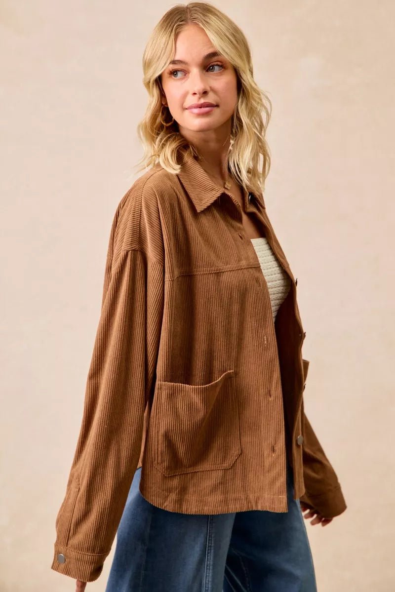 BiBi Corduroy Relaxed Fit Shacket with Back Pleat - Bitsy Gypsy Boutique
