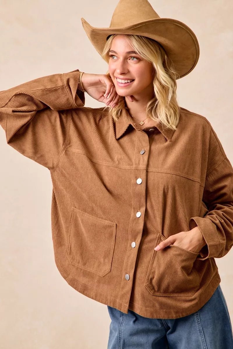 BiBi Corduroy Relaxed Fit Shacket with Back Pleat - Bitsy Gypsy Boutique