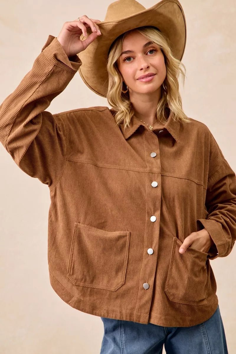 BiBi Corduroy Relaxed Fit Shacket with Back Pleat - Bitsy Gypsy Boutique