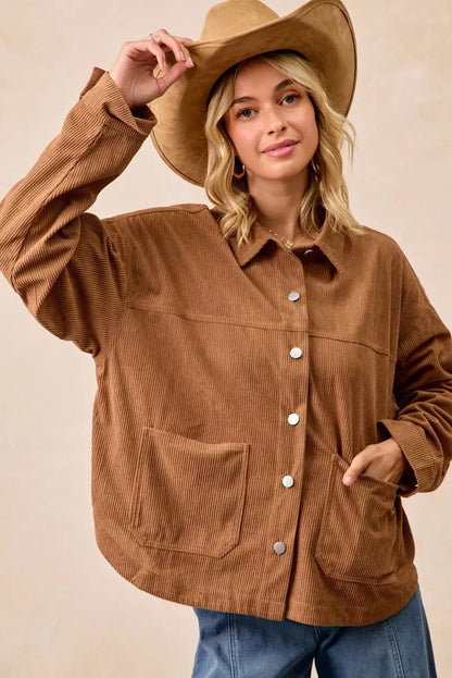 BiBi Corduroy Relaxed Fit Shacket with Back Pleat - Bitsy Gypsy Boutique