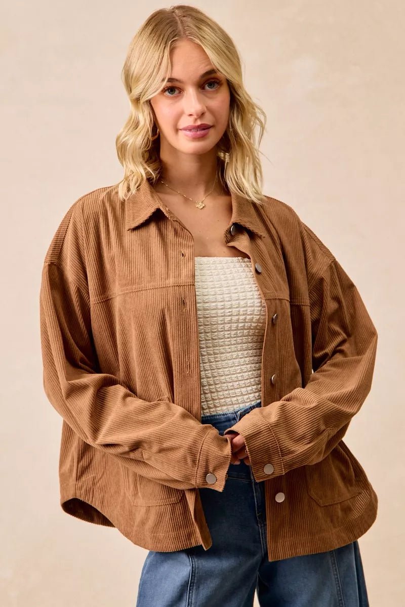 BiBi Corduroy Relaxed Fit Shacket with Back Pleat - Bitsy Gypsy Boutique