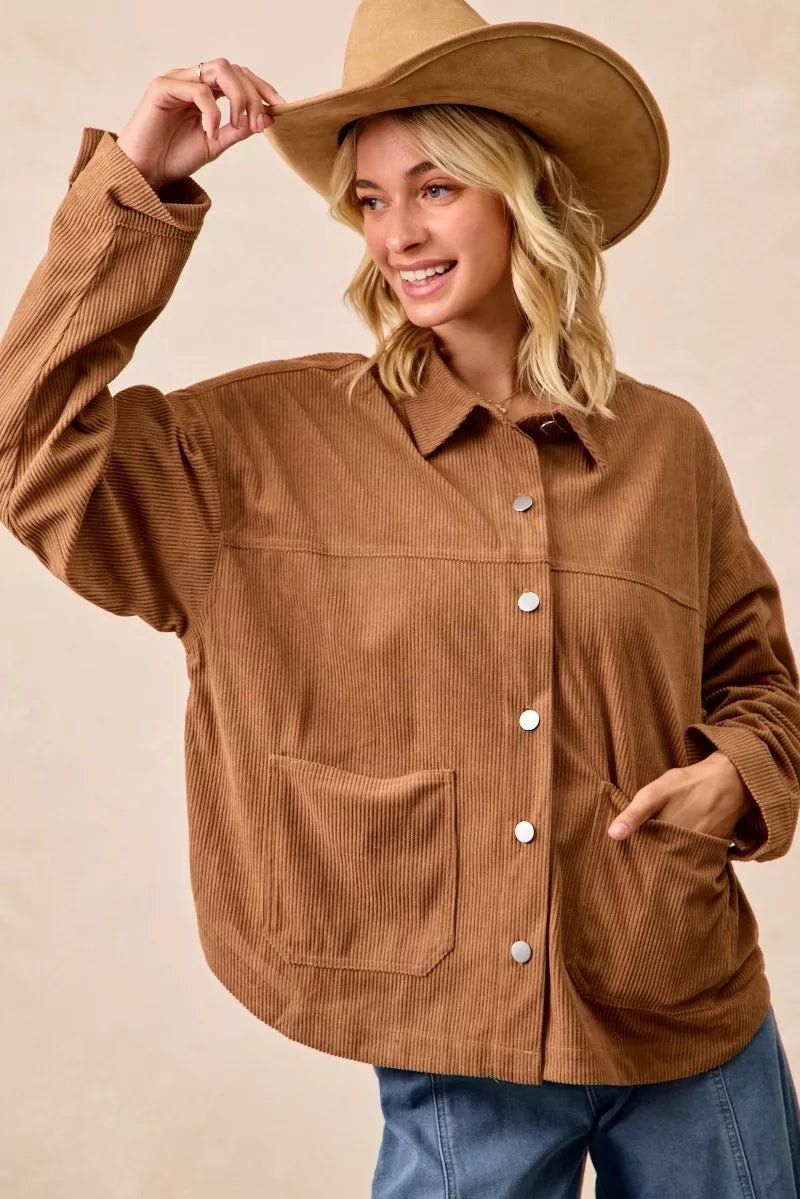 BiBi Corduroy Relaxed Fit Shacket with Back Pleat - Bitsy Gypsy Boutique