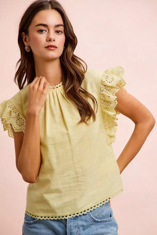 BiBi Cotton Solid Ruffle Sleeve Lace Detail Blouse Top - Bitsy Gypsy Boutique