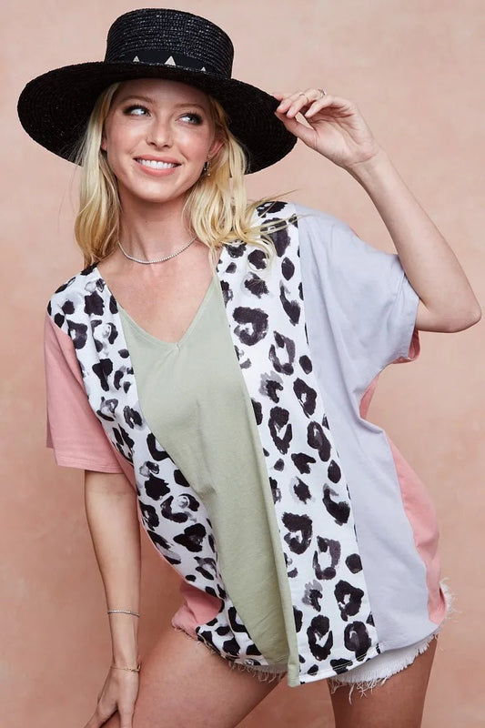 BiBi Cotton Span Knit With Leopard Color Block Top - Bitsy Gypsy Boutique