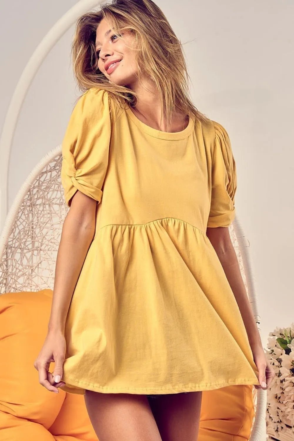 BiBi Cotton Span Knit with Puff Sleeve Baby Doll Top - Bitsy Gypsy Boutique