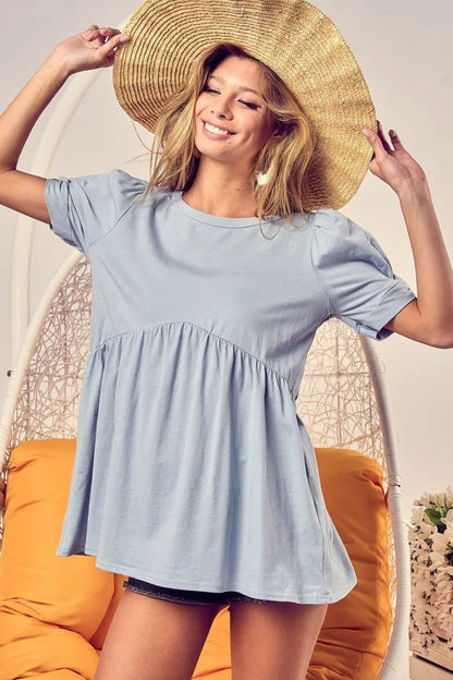 BiBi Cotton Span Knit with Puff Sleeve Baby Doll Top - Bitsy Gypsy Boutique