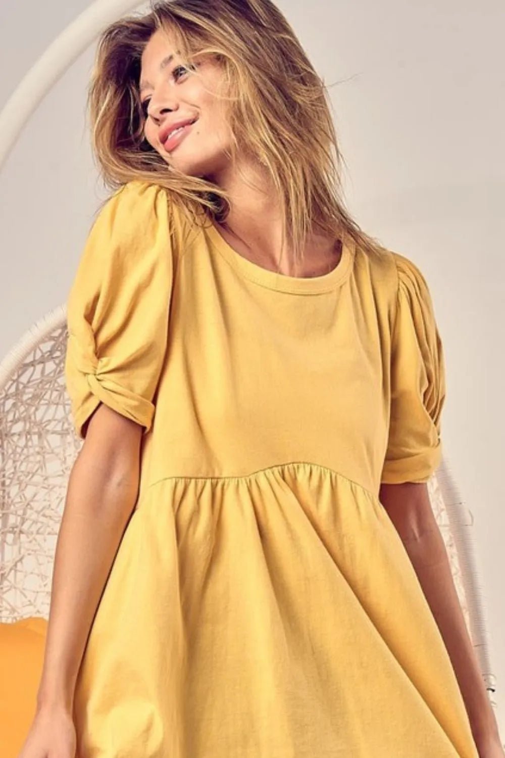 BiBi Cotton Span Knit with Puff Sleeve Baby Doll Top - Bitsy Gypsy Boutique