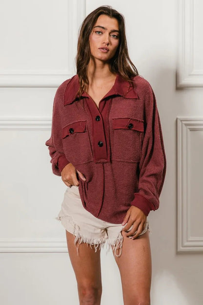 BiBi Cp French Terry Cut Edge Detail Collared Top - Bitsy Gypsy Boutique