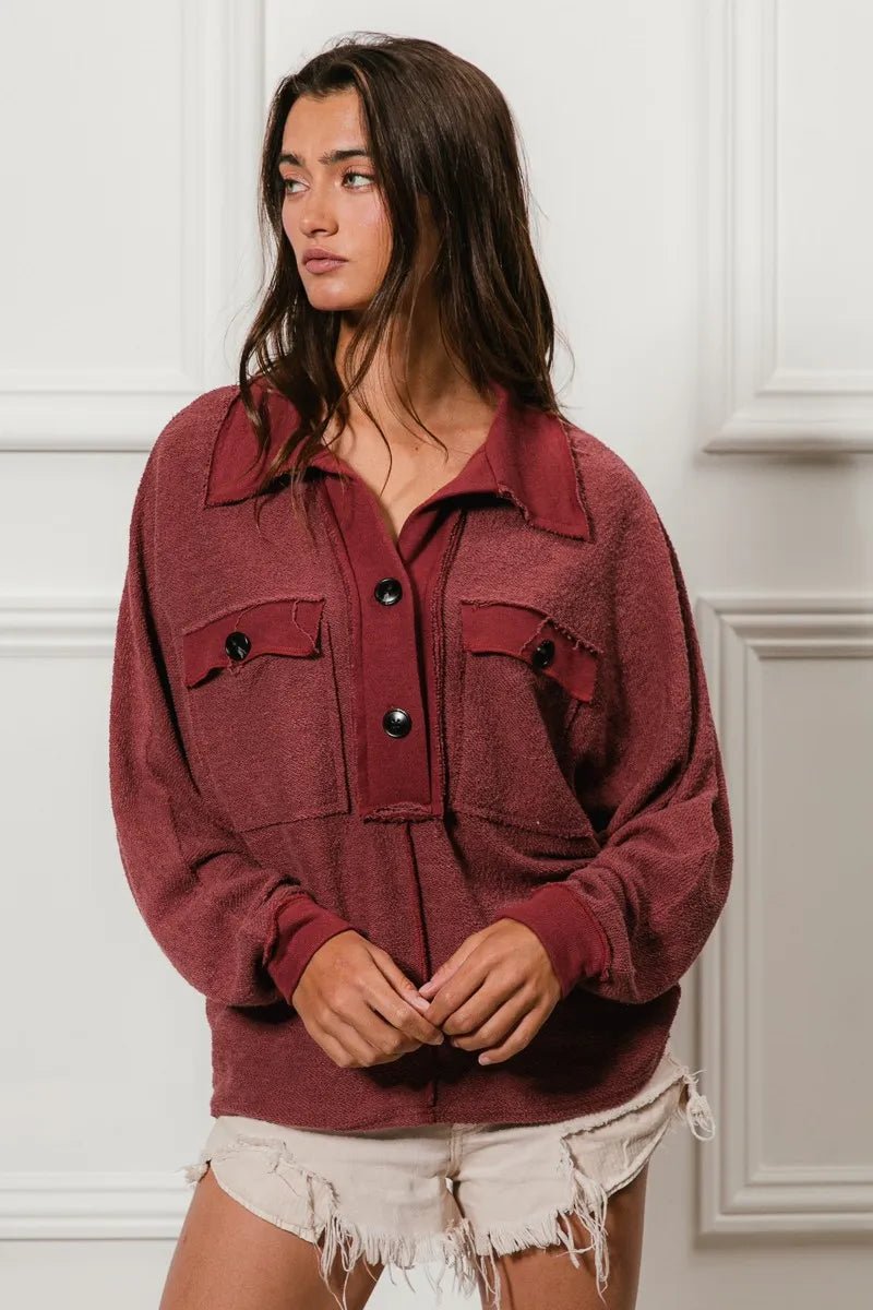 BiBi Cp French Terry Cut Edge Detail Collared Top - Bitsy Gypsy Boutique