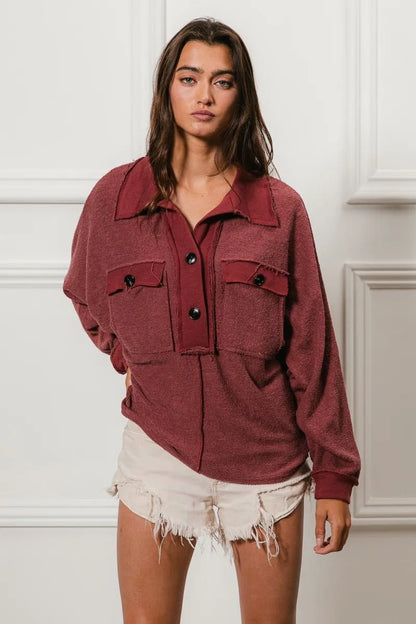 BiBi Cp French Terry Cut Edge Detail Collared Top - Bitsy Gypsy Boutique