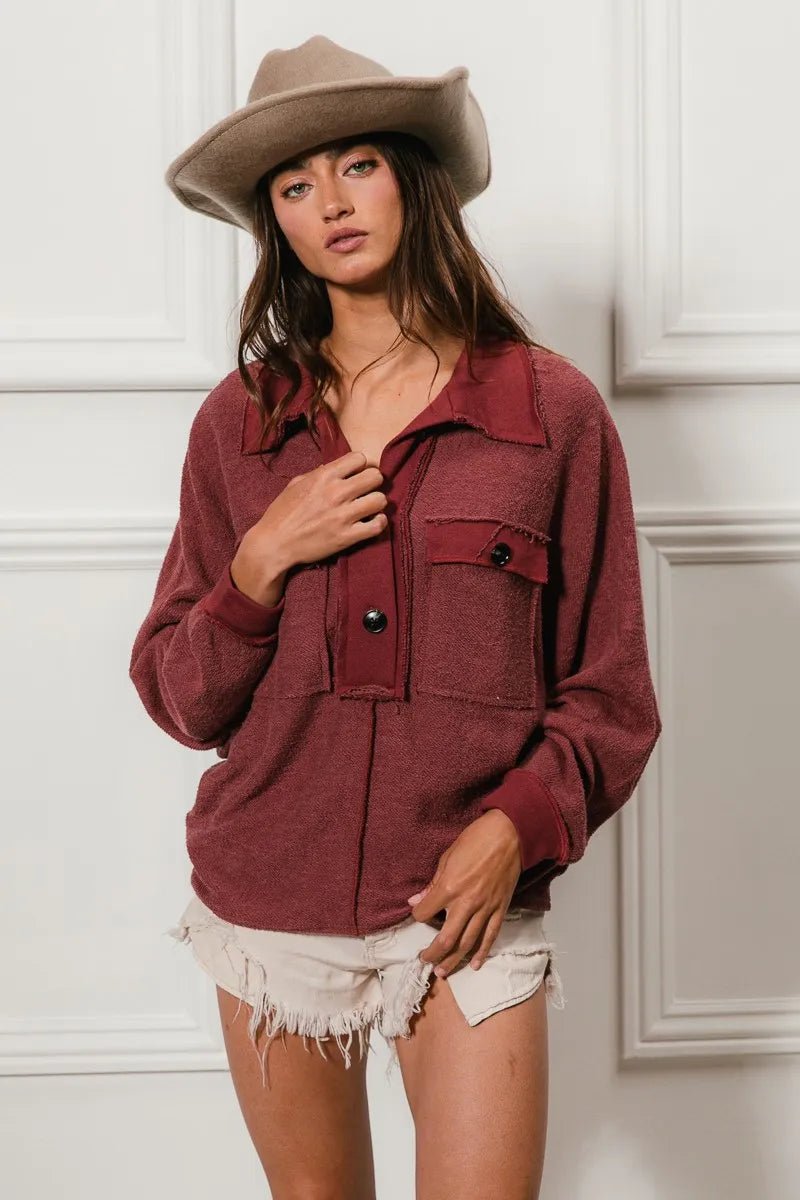 BiBi Cp French Terry Cut Edge Detail Collared Top - Bitsy Gypsy Boutique