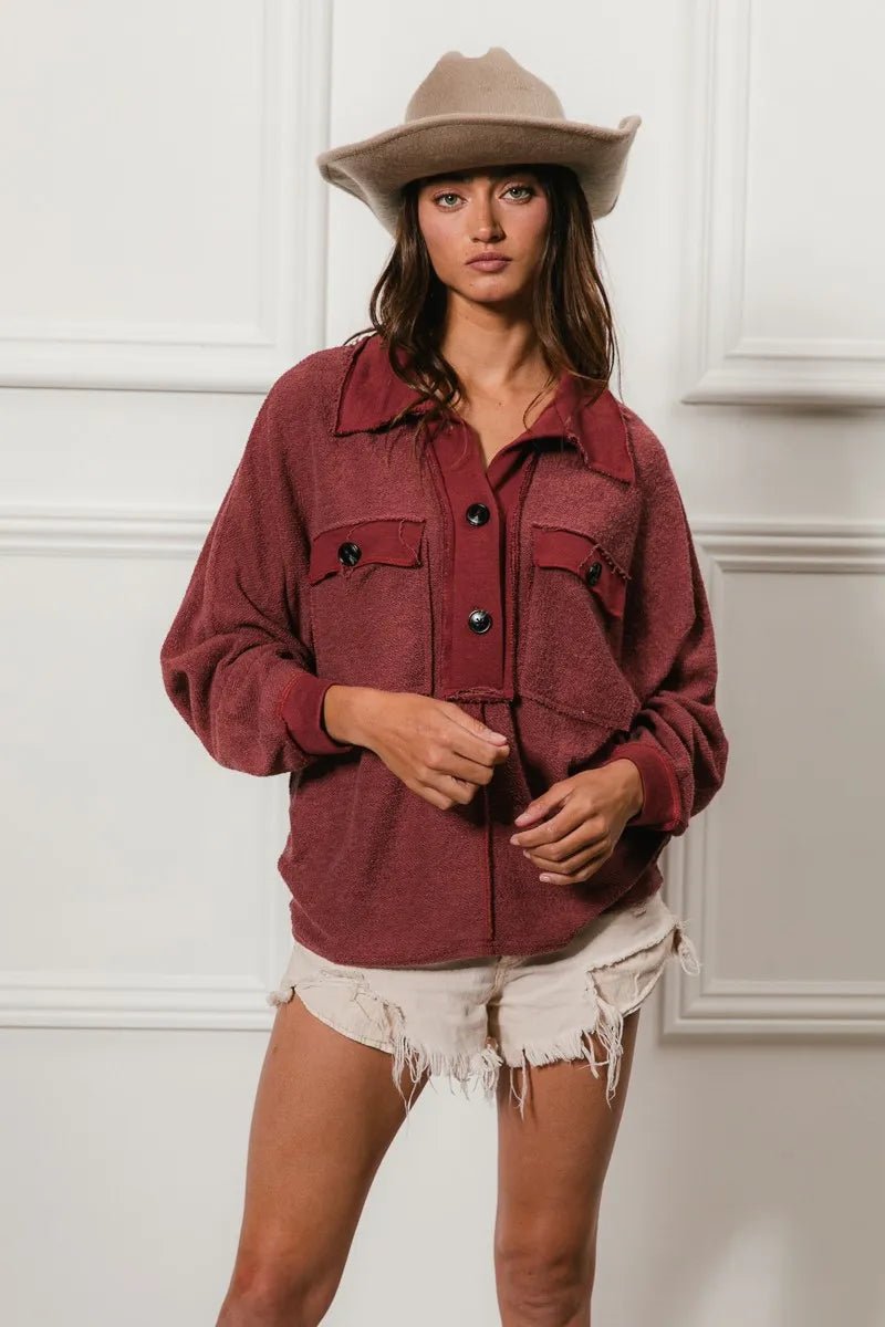 BiBi Cp French Terry Cut Edge Detail Collared Top - Bitsy Gypsy Boutique