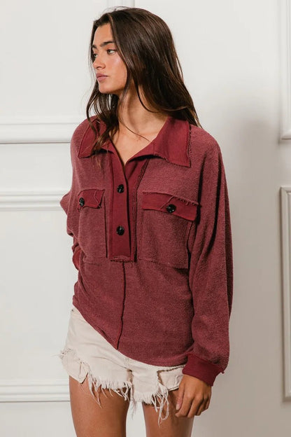 BiBi Cp French Terry Cut Edge Detail Collared Top - Bitsy Gypsy Boutique