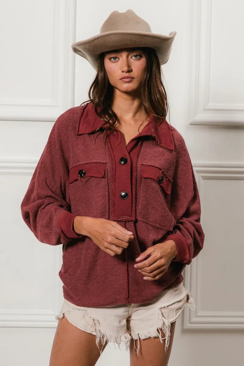 BiBi Cp French Terry Cut Edge Detail Collared Top - Bitsy Gypsy Boutique