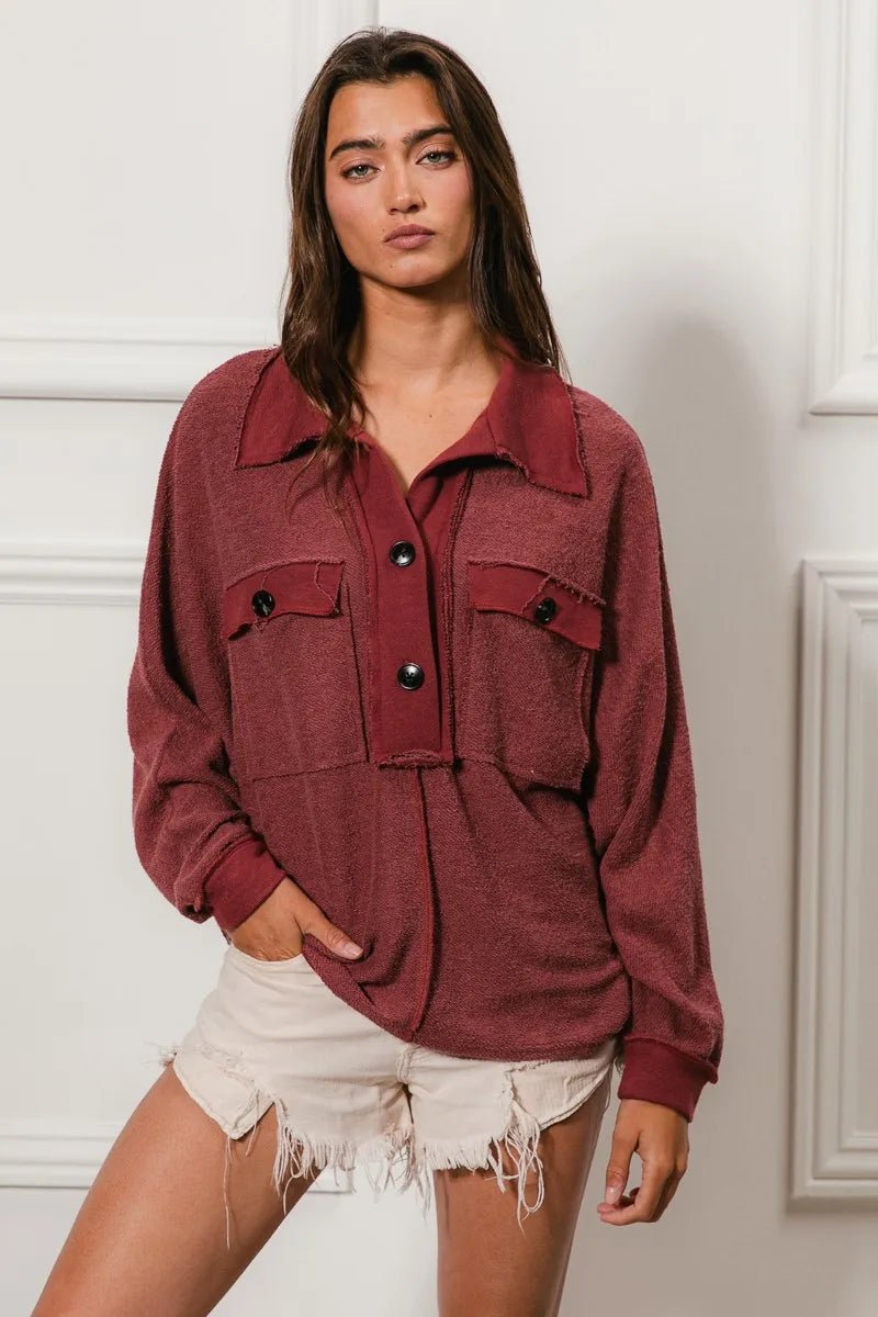 BiBi Cp French Terry Cut Edge Detail Collared Top - Bitsy Gypsy Boutique