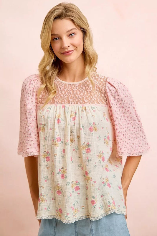 BiBi Crinkle Floral Gauze Mix And Matched Blouse Top - Bitsy Gypsy Boutique