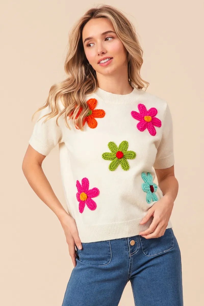 BiBi Crochet Flower Patch Sweater Top - Bitsy Gypsy Boutique
